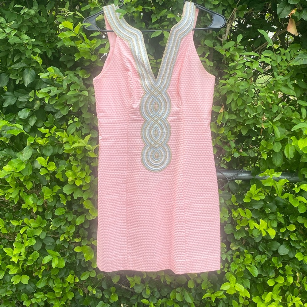 Pink Lilly Pulitzer dress with gold and silver detailing